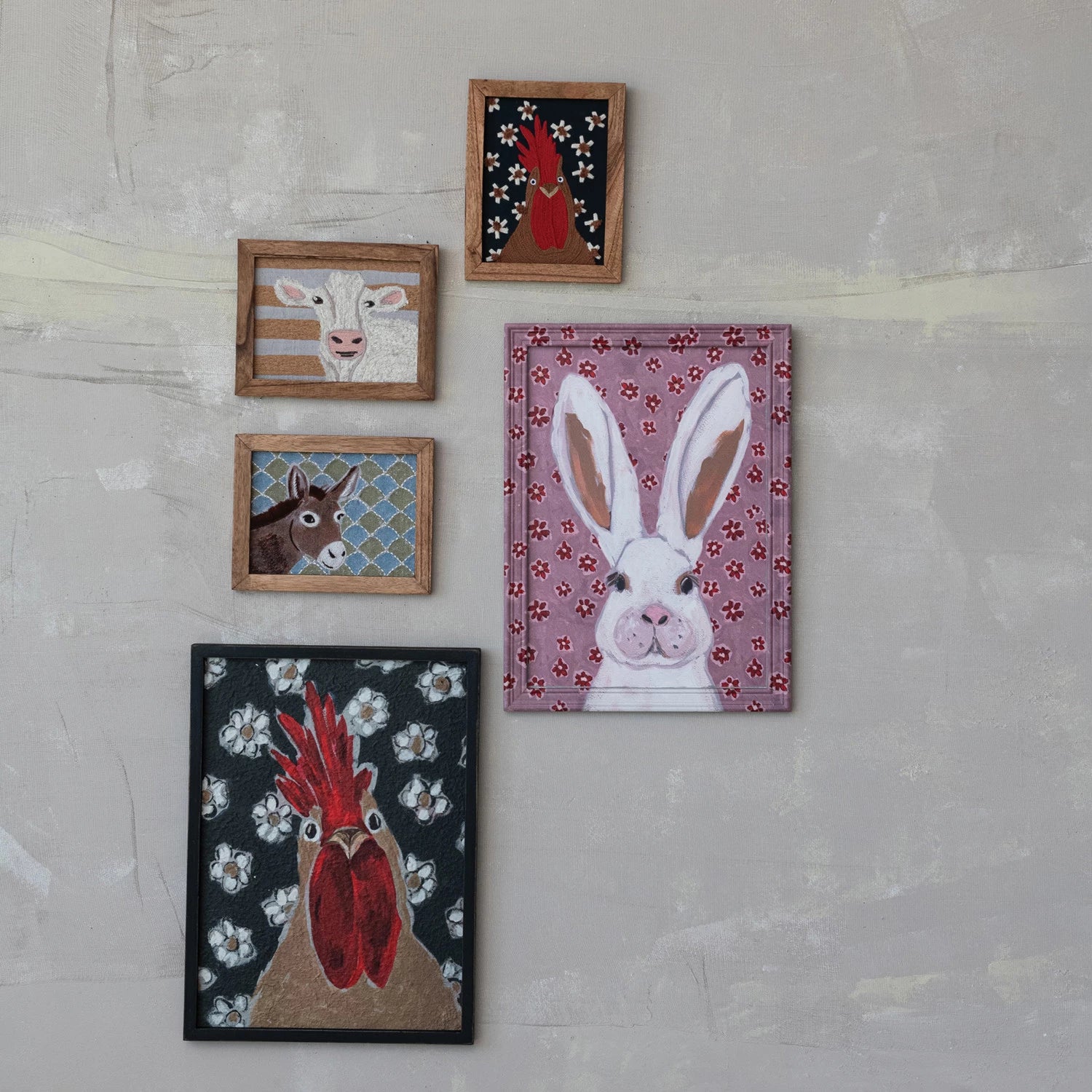 Framed wall art featuring an animal illustration against a patterned background, encased in a rustic wood frame."