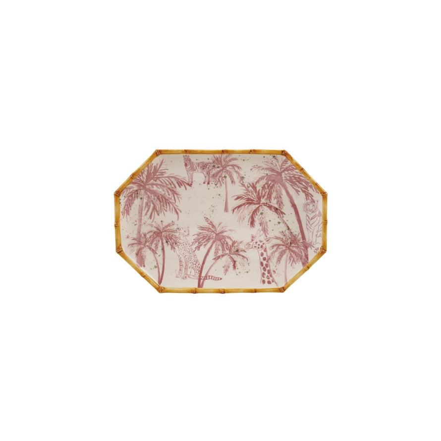 Hand-Painted Stoneware Octagon Shaped Platter with Palm Trees, Animals & Bamboo Style Edge