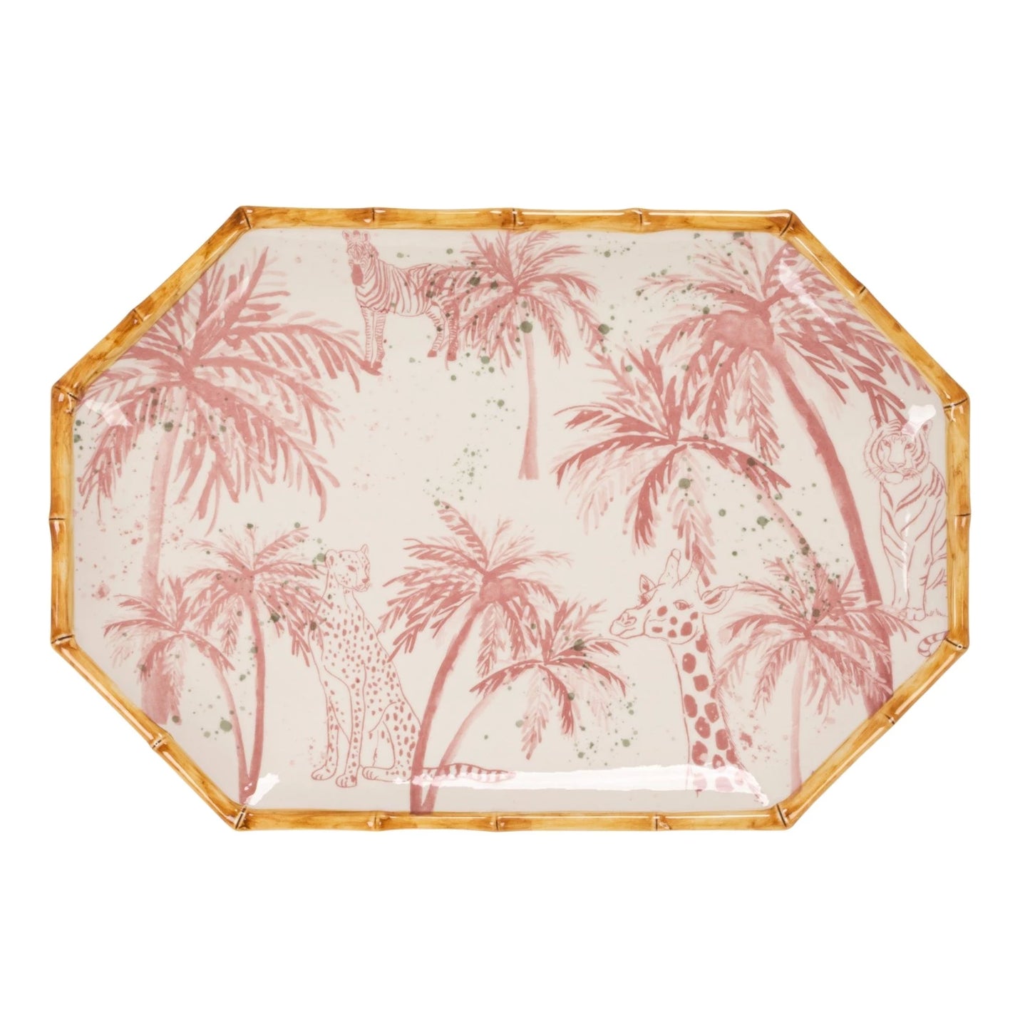 Hand-Painted Stoneware Octagon Shaped Platter with Palm Trees, Animals & Bamboo Style Edge
