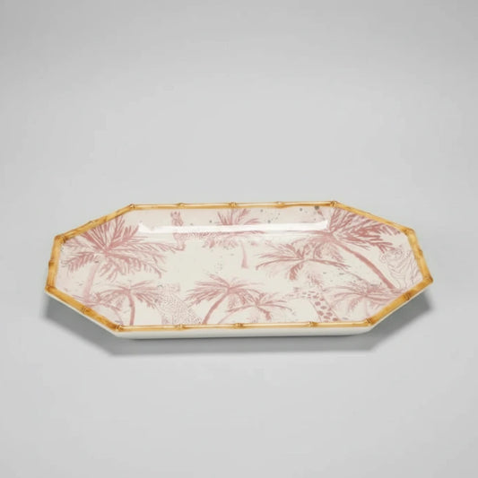 Decorative tray with pink palm tree pattern on a white background