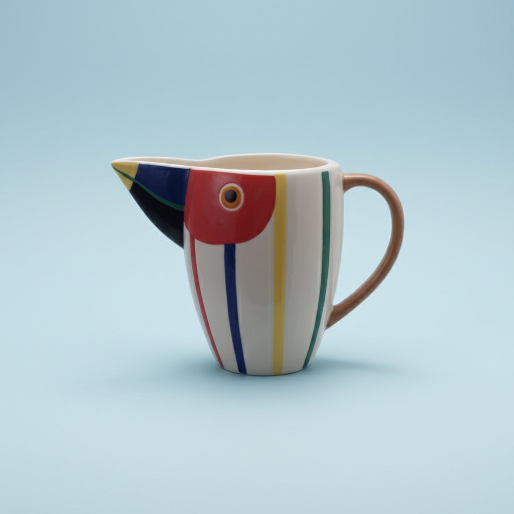 Colorful ceramic pitcher with abstract design on a white background
