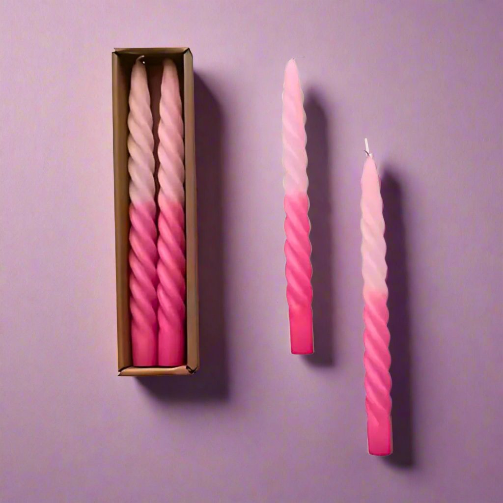 setofpinkombretwistedtapercandles_perfectforaddingaplayfulyeteleganttouchtodiningtables_centerpieces_orhomedecor.