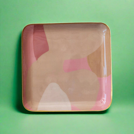 Abstract Enameled Metal Tray, Pink, Brown and Tan