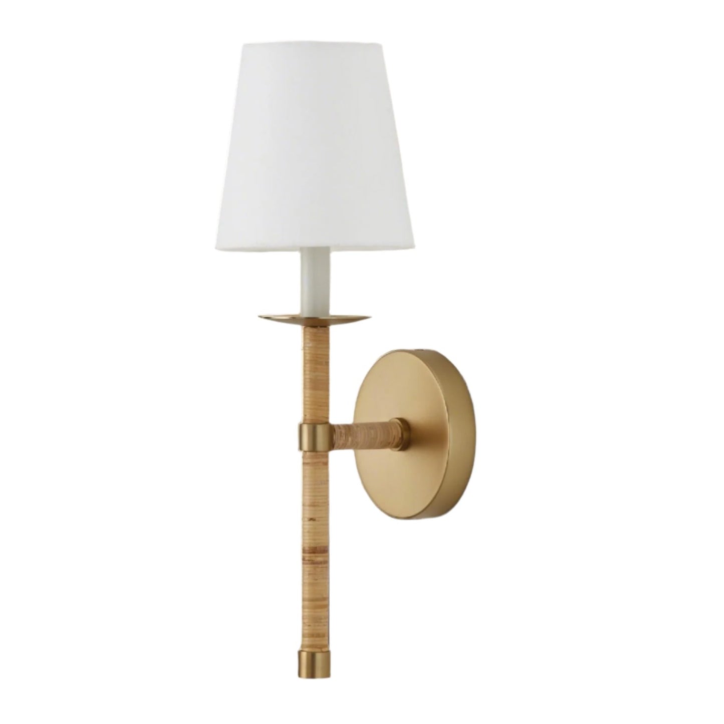 Boho Breeze Wall Sconce, 6x18 inches, with handwrapped rattan and Matte Brass accents. Accommodates one E12 bulb, offering bohemian charm and natural elegance for any interior space.