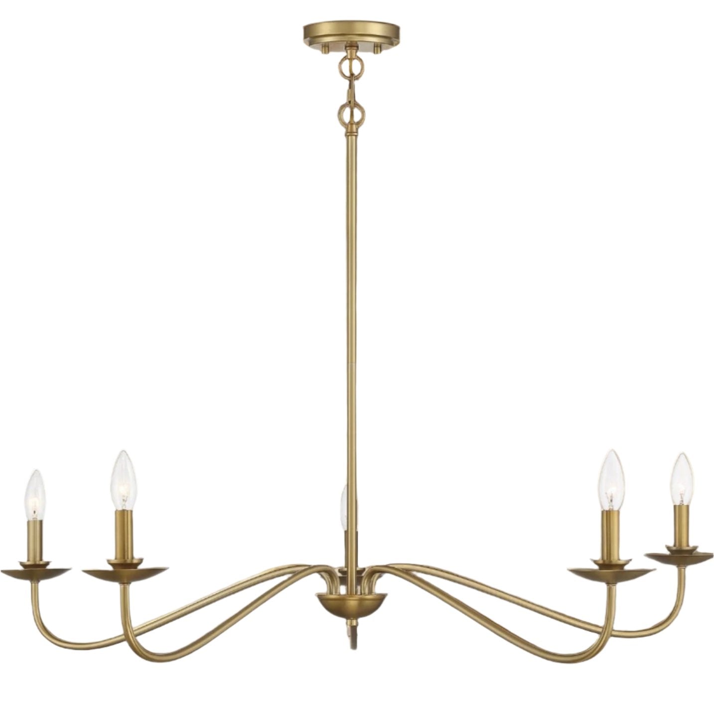 Brass Wave Luxe Chandelier, 42x7 inches, featuring sweeping arms and a natural brass finish. Accommodates five candelabra bulbs, offering modern luxury and adjustable height for any room.