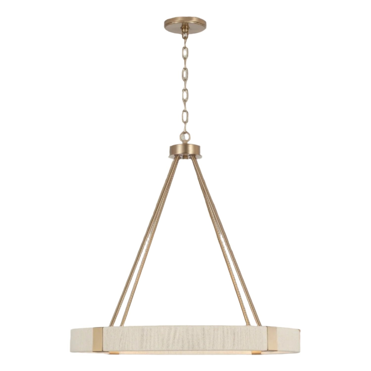 Coastal Radiance Chandelier, 26x25.5 inches, with Matte Brass finish and Bleached Natural Rope. Accommodates four G16 bulbs, adding coastal elegance and luxury to any room.