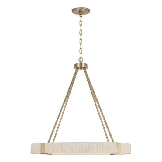 Coastal Radiance Chandelier, 26x25.5 inches, with Matte Brass finish and Bleached Natural Rope. Accommodates four G16 bulbs, adding coastal elegance and luxury to any room.