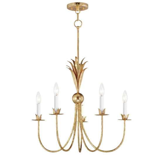 Paloma Oasis Chandelier, 26x22.5 inches, featuring Gold Leaf or Anthracite finishes, biophilic design, and five Off-White candle covers. Adds coastal charm and a warm glow to any space.