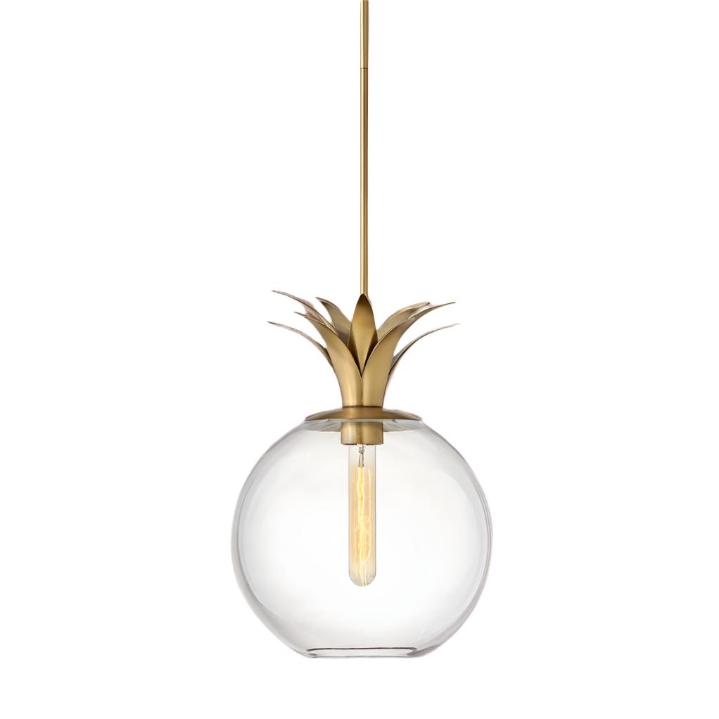 Pineapple Charm LED Pendant featuring a classic pineapple design with a heritage brass finish. Measuring 10.75x10.75 inches and 15 inches high, it includes an E26 bulb slot and provides soft, inviting light with a 10W LED bulb, combining timeless style with modern efficiency.