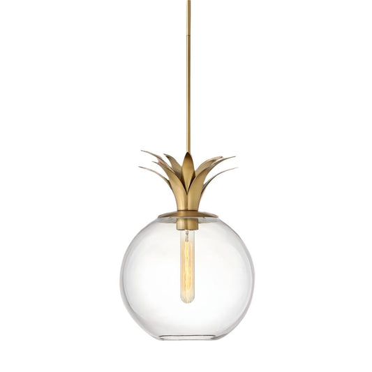 Pineapple Charm LED Pendant featuring a classic pineapple design with a heritage brass finish. Measuring 10.75x10.75 inches and 15 inches high, it includes an E26 bulb slot and provides soft, inviting light with a 10W LED bulb, combining timeless style with modern efficiency.