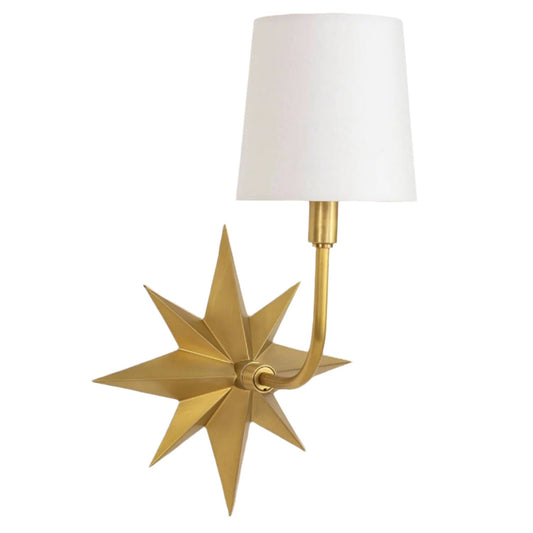 Star Brass Sconce featuring an elegant nautical star motif and natural linen tapered shade, perfect for adding classic charm and sophistication to any interior space.